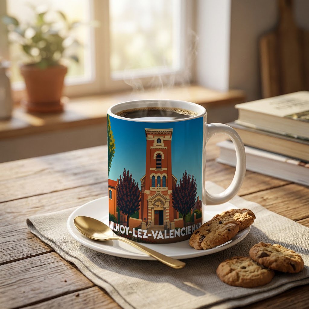 Mug souvenir de la ville d'Aulnoy-lez-Valenciennes orné d'une illustration stylisée de son église.