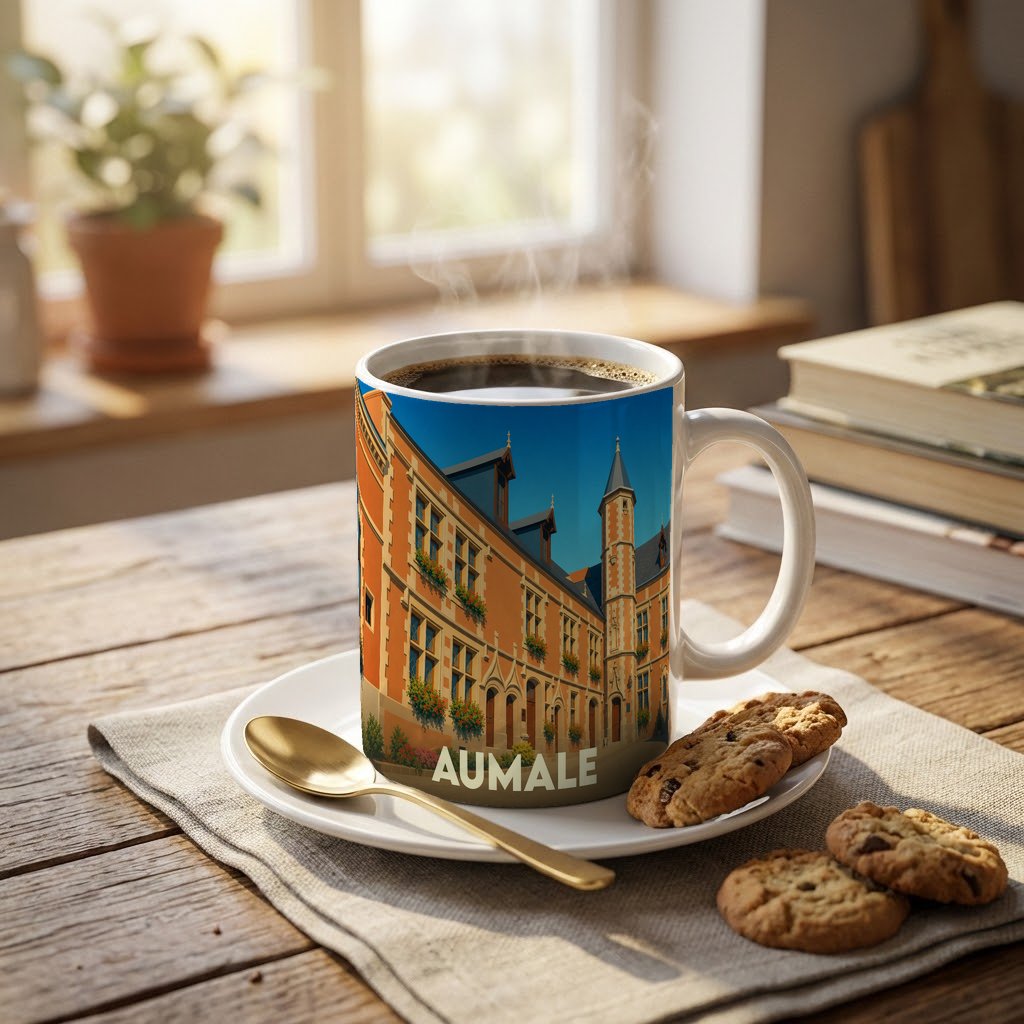 Mug souvenir de la ville d'Aumale orné d'une illustration stylisée de son architecture historique.
