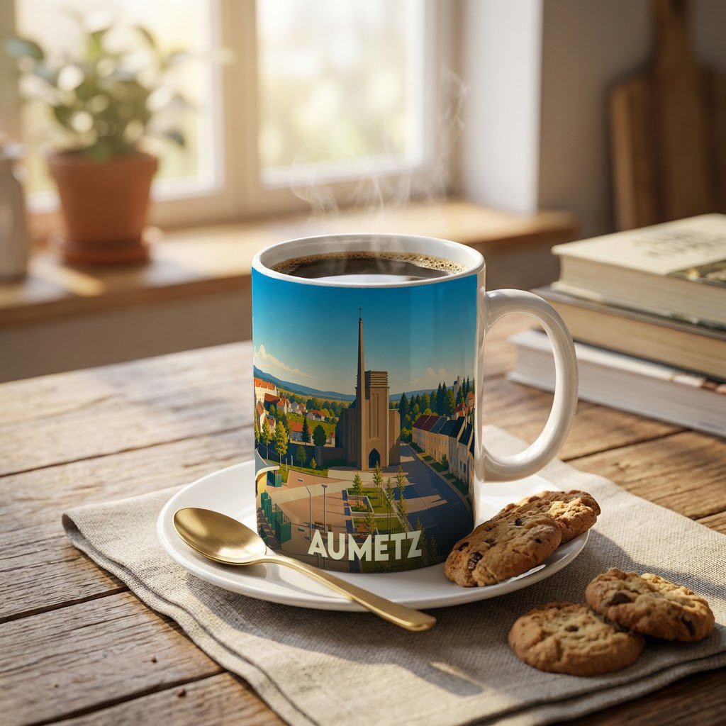 Mug souvenir de la ville de Aumetz orné d'une illustration stylisée de son église et de ses paysages.