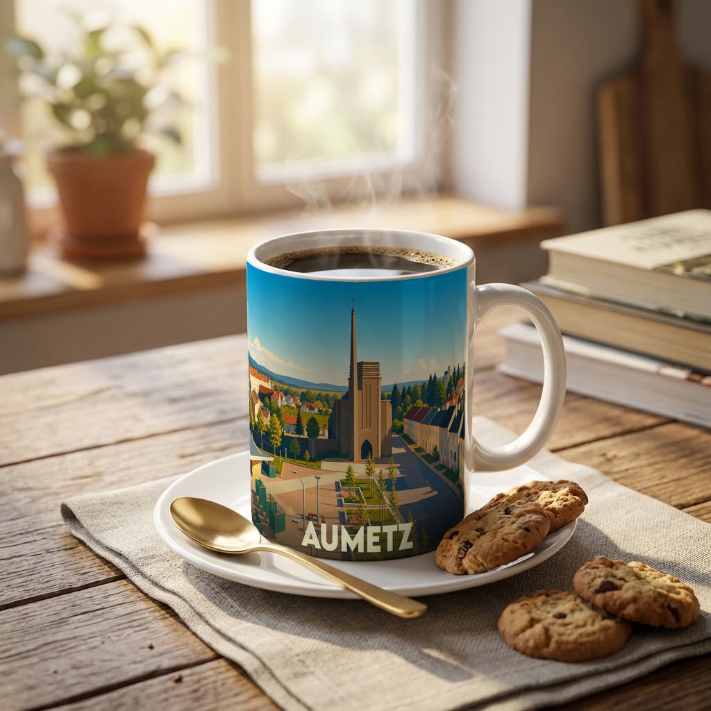 Mug souvenir de la ville de Aumetz orné d'une illustration stylisée de son église et de ses paysages.