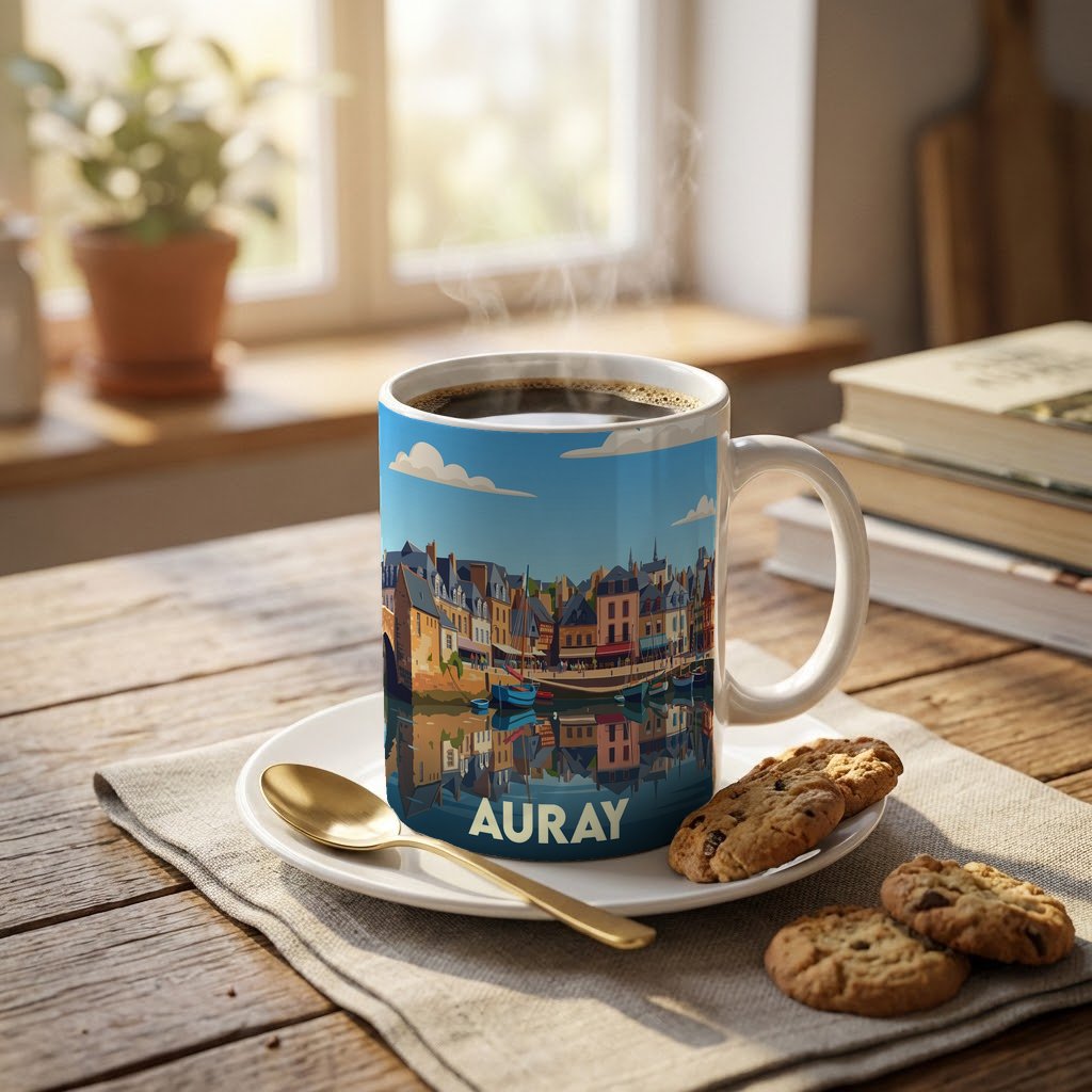 Mug souvenir de la ville d'Auray avec une illustration stylisée de son port.