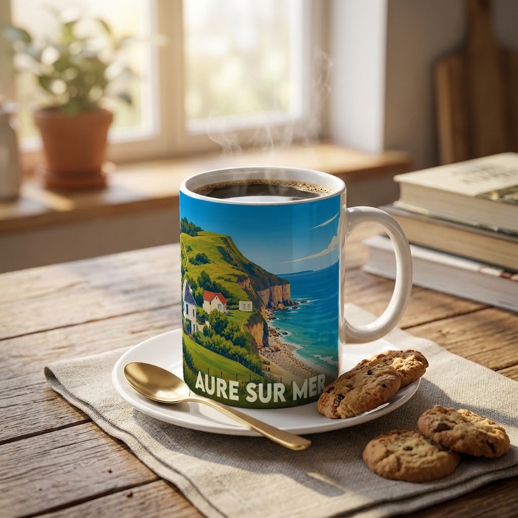 Mug souvenir de la ville de Aure-sur-Mer illustré par un paysage côtier escarpé.