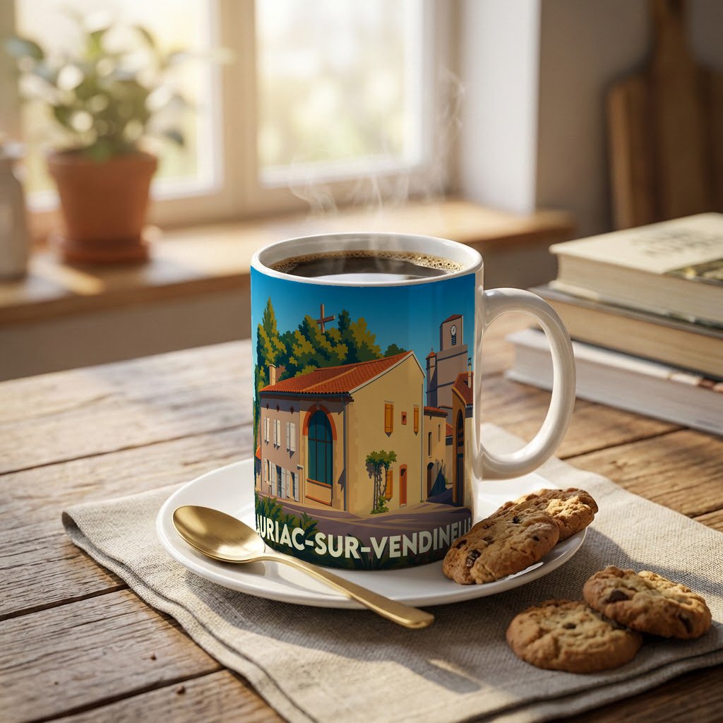 Mug souvenir de la ville d'Auriac-sur-Vendinelle avec une illustration colorée et stylisée.