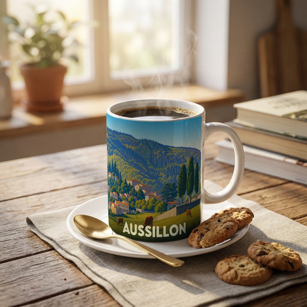 Mug souvenir de la ville d'Aussillon avec une illustration stylisée de son paysage montagneux et de ses maisons.