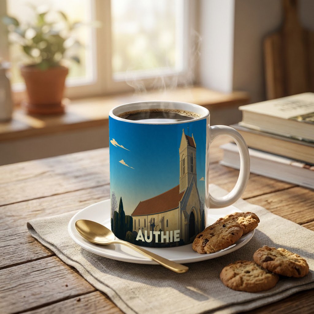 Mug souvenir de la ville d'Authie orné d'une illustration stylisée de son église sous un ciel bleu.