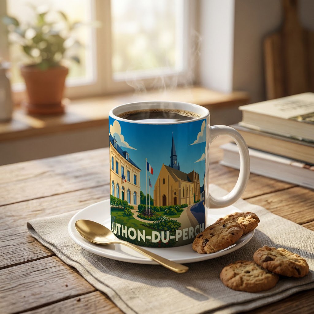 Mug souvenir de la ville d'Authon-du-Perche avec une illustration stylisée montrant l'église et la mairie.