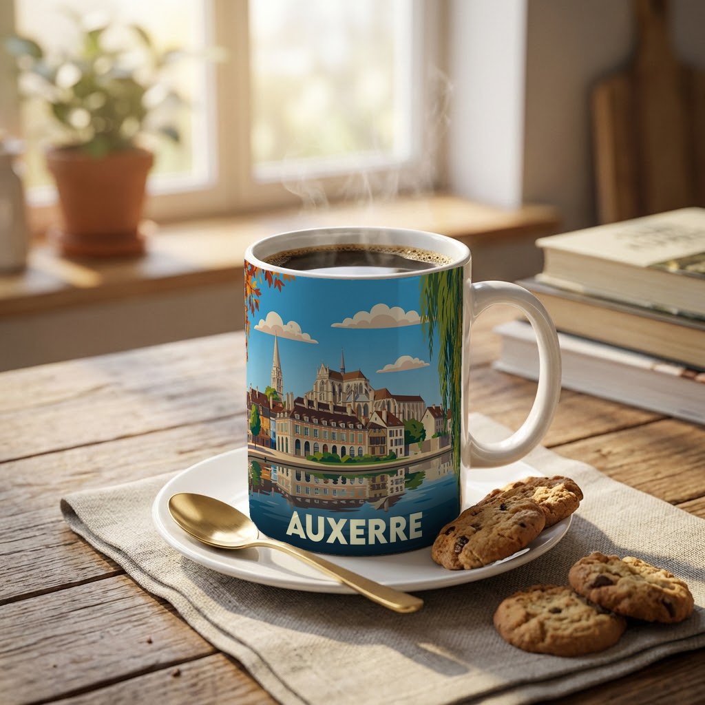 Mug souvenir de la ville d'Auxerre avec une illustration stylisée.