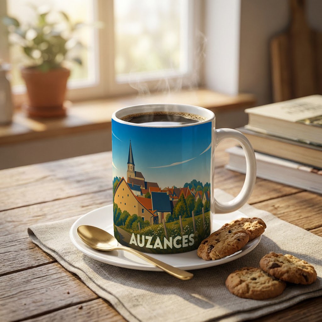 Mug souvenir de la ville de Auzances orné d'une illustration stylisée du village.