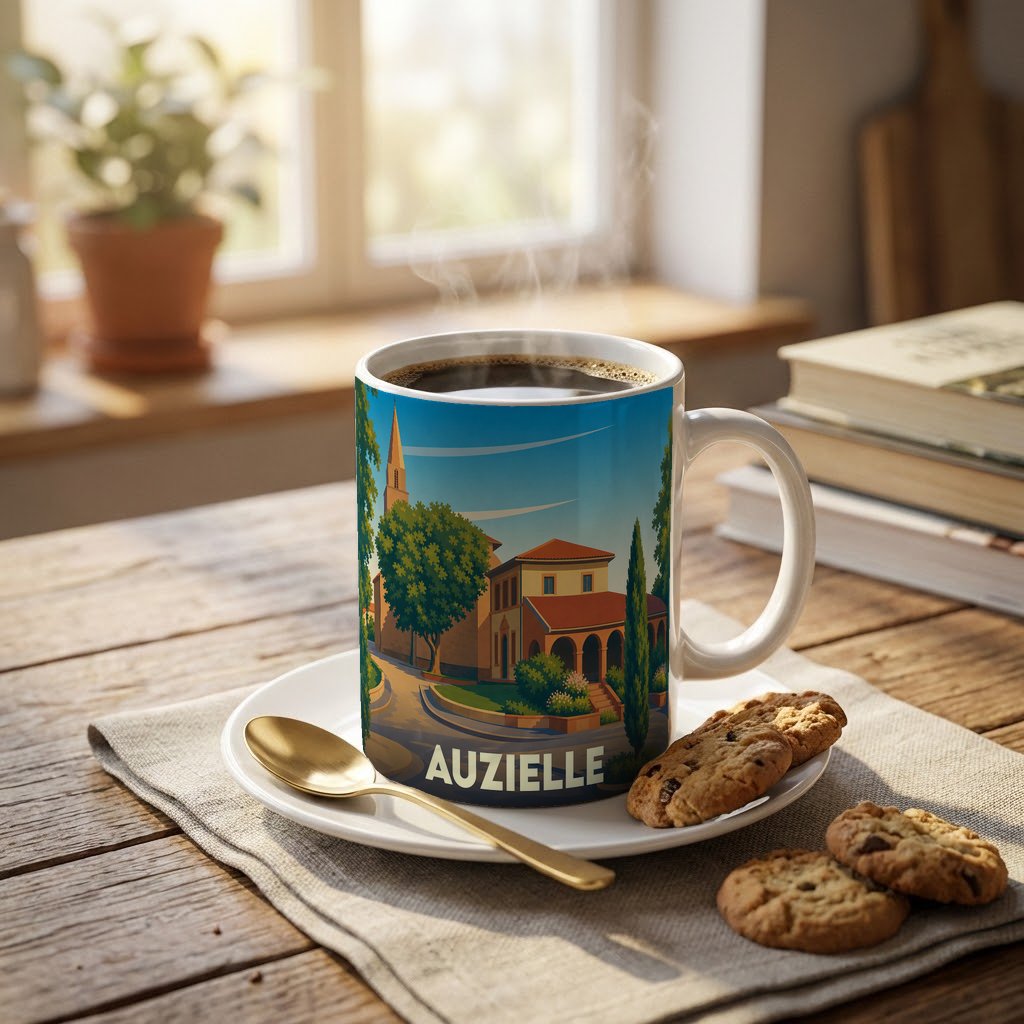 Mug souvenir de la ville d'Auzielle avec une illustration stylisée d'un paysage urbain ensoleillé.