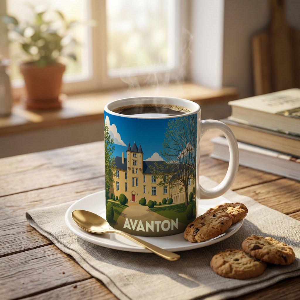 Mug souvenir de la ville d'Avanton orné d'une illustration stylisée de son château.