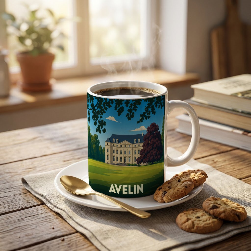 Mug souvenir de la ville d'Avelin avec une illustration stylisée d'un château.