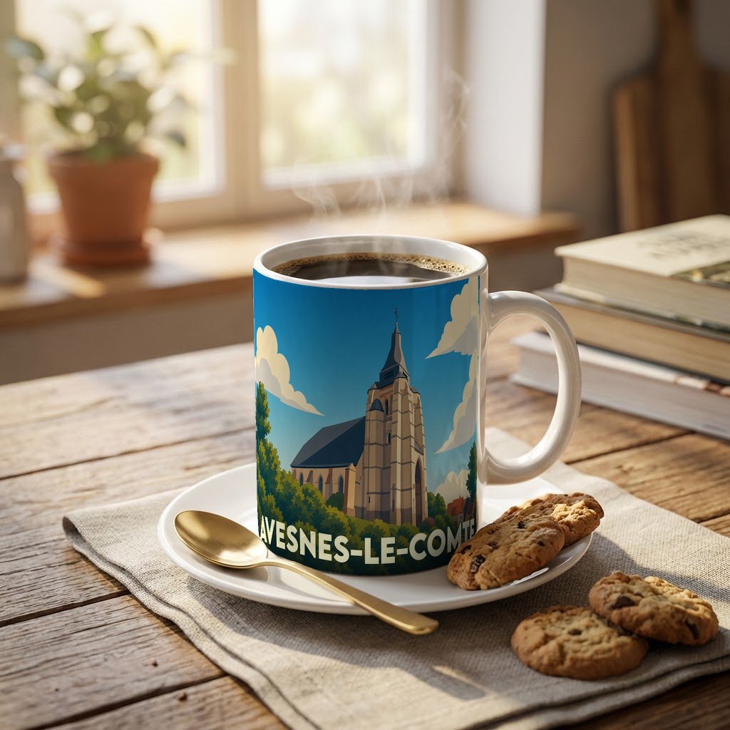 Mug souvenir de la ville d'Avesnes-le-Comte orné d'une illustration stylisée de son église.