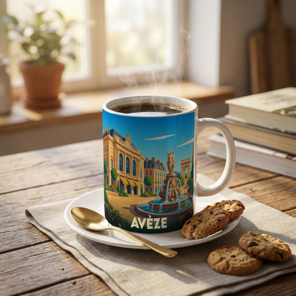 Mug souvenir de la ville d'Avèze orné d'une illustration stylisée de ses monuments et d'une fontaine.