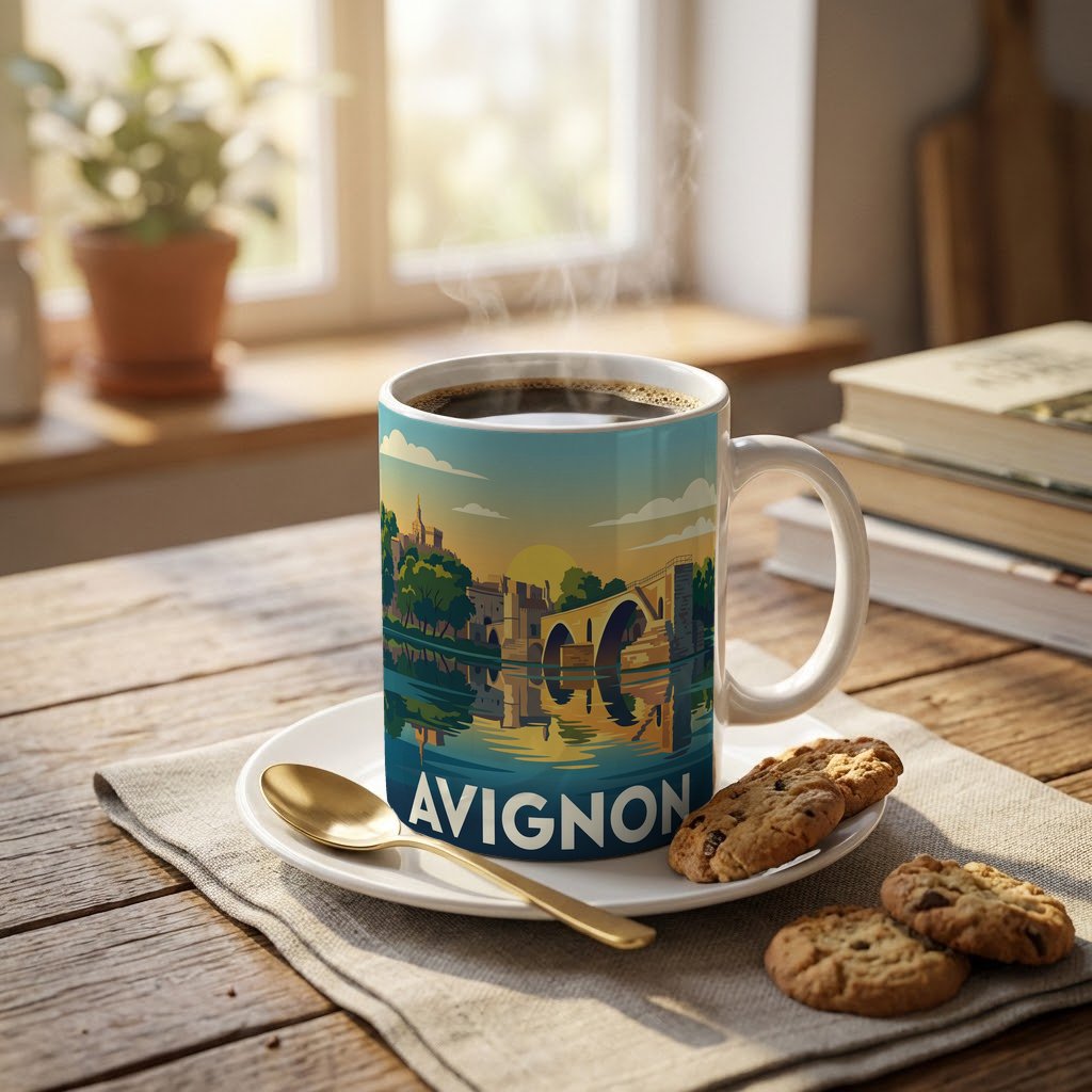 Mug souvenir de la ville d'Avignon avec une illustration stylisée de son célèbre pont.