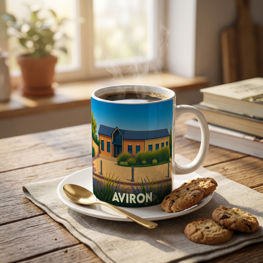 Mug souvenir de la ville d'Aviron orné d'une illustration stylisée de son architecture.