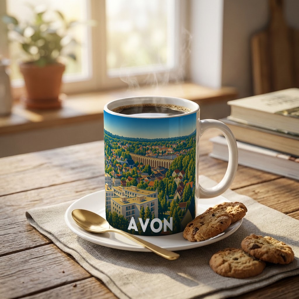 Mug souvenir de la ville d'Avon avec une illustration stylisée.