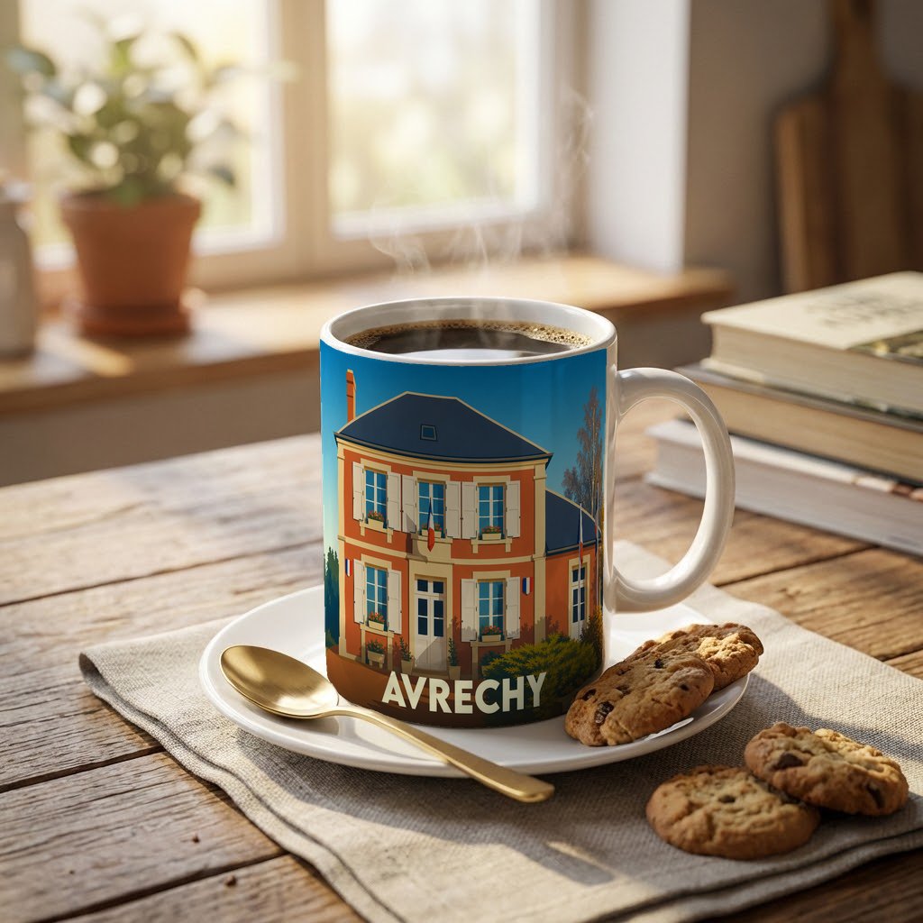 Mug souvenir de la ville d'Avrechy avec une illustration stylisée d'un bâtiment traditionnel.