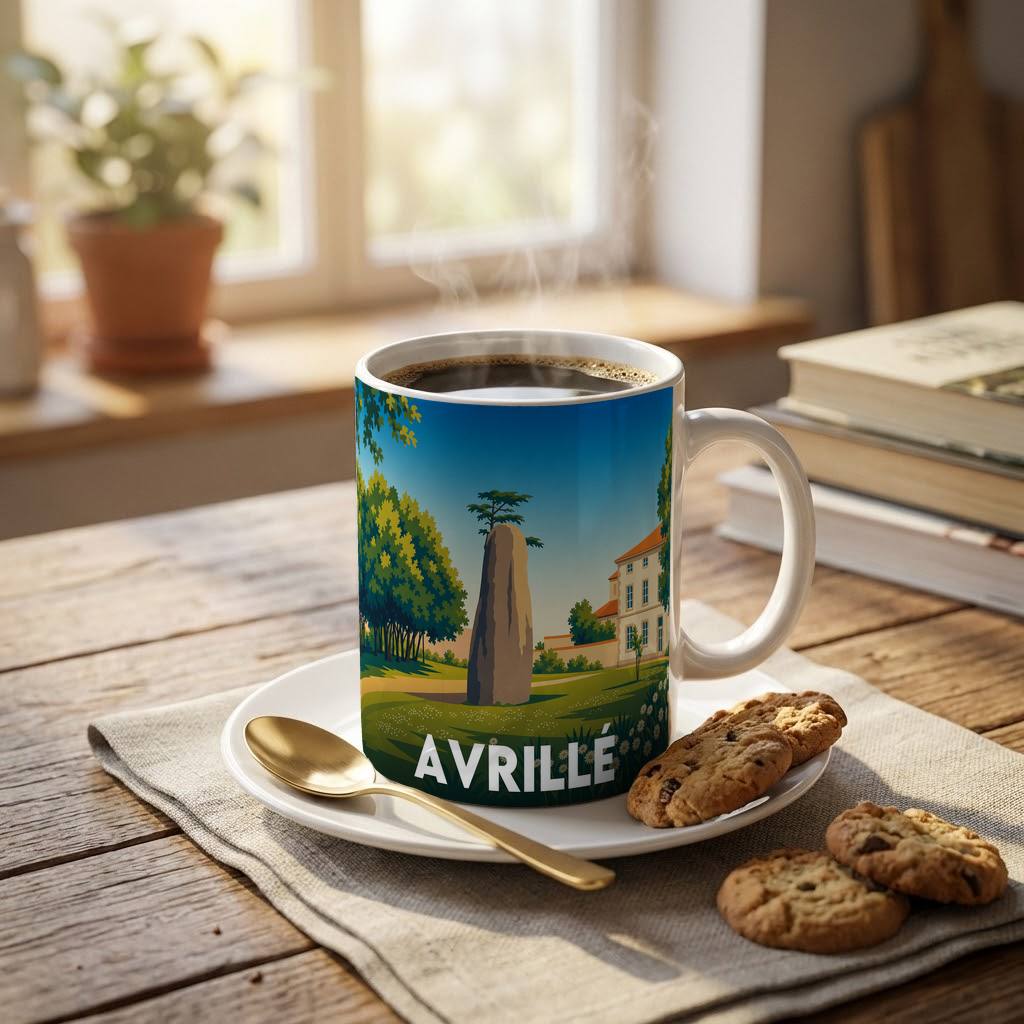 Mug souvenir de la ville d'Avrillé avec une illustration stylisée d'un menhir et d'un paysage.