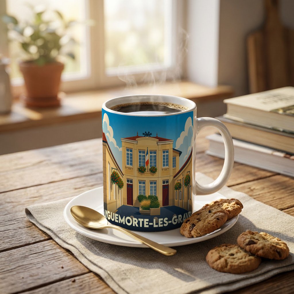 Mug souvenir de la ville d'Ayguemorte-les-Graves avec une illustration stylisée de sa mairie.