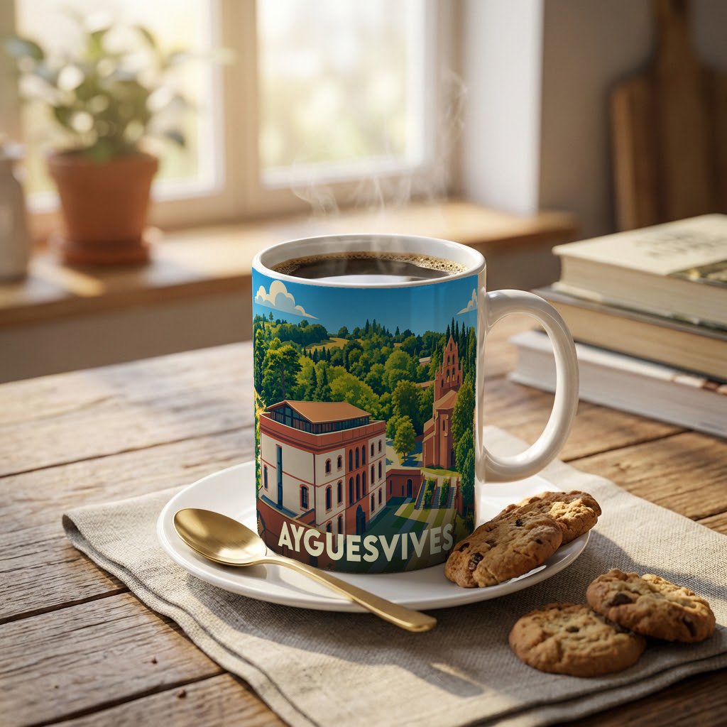 Mug souvenir de la ville d'Ayguesvives avec une illustration colorée et stylisée de son paysage.
