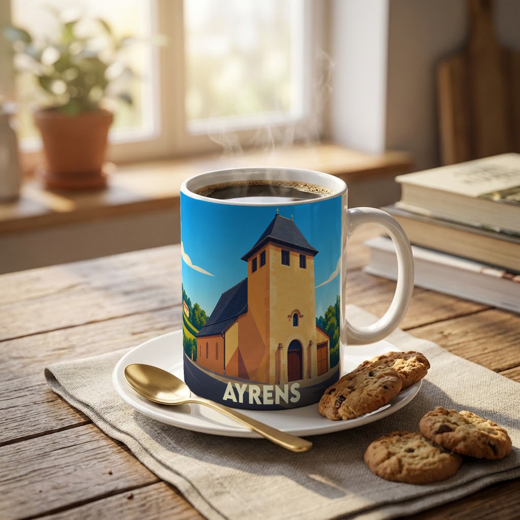 Mug souvenir de la ville d'Ayrens orné d'une illustration stylisée de son église.