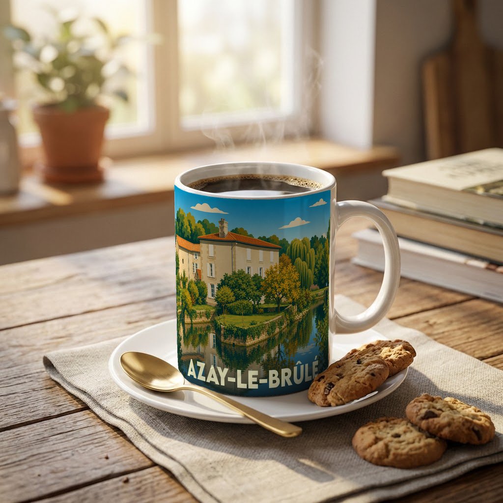 Mug souvenir de la ville d'Azay-le-Brûlé avec une illustration stylisée d'un manoir au bord de l'eau.