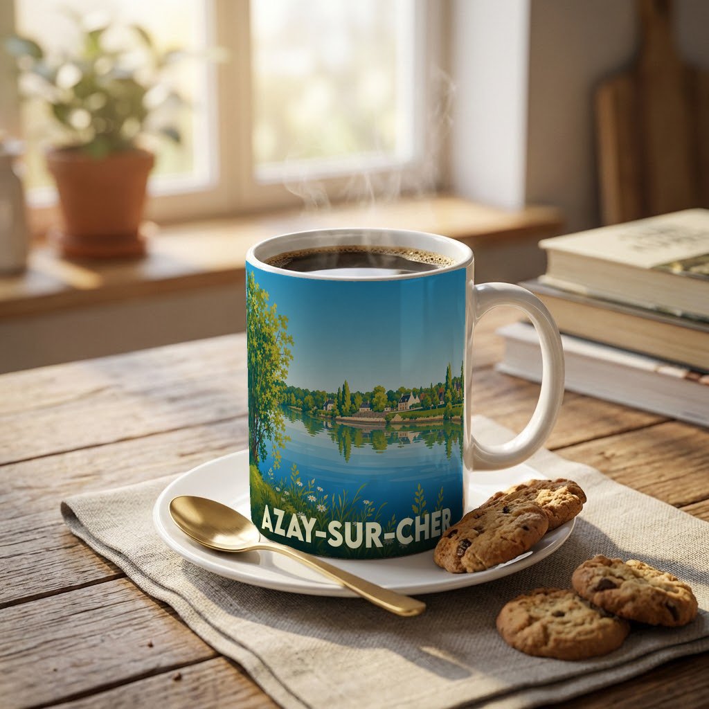 Mug souvenir de la ville d'Azay-sur-Cher avec une illustration stylisée d'un paysage fluvial.