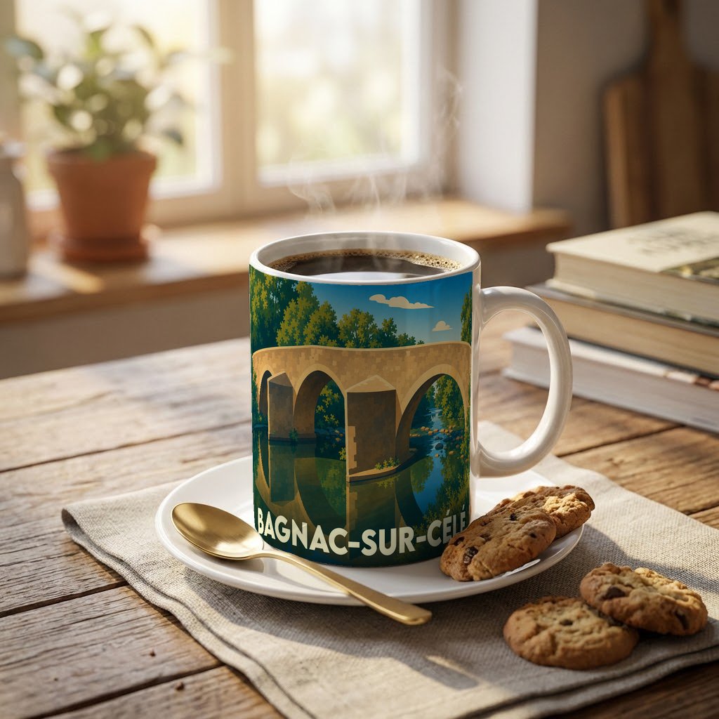 Mug souvenir de la ville de Bagnac-sur-Célé illustré d'un pont en pierre historique.