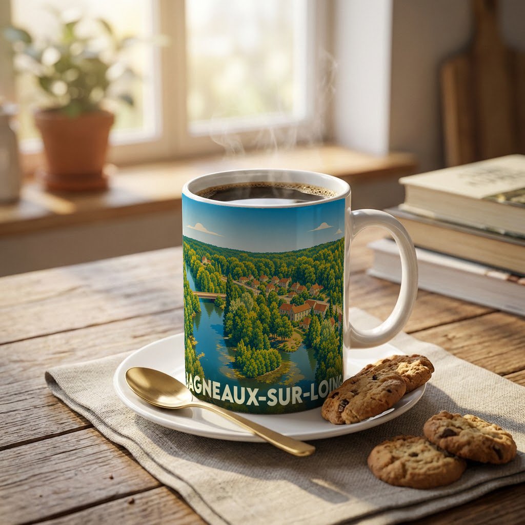 Mug souvenir de la ville de Bagneaux-sur-Loing avec une illustration stylisée d'un paysage fluvial.
