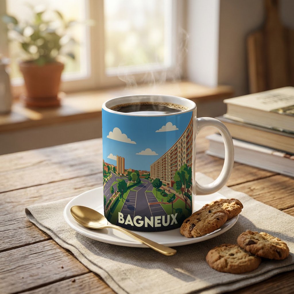 Mug souvenir de la ville de Bagneux avec une illustration urbaine stylisée.