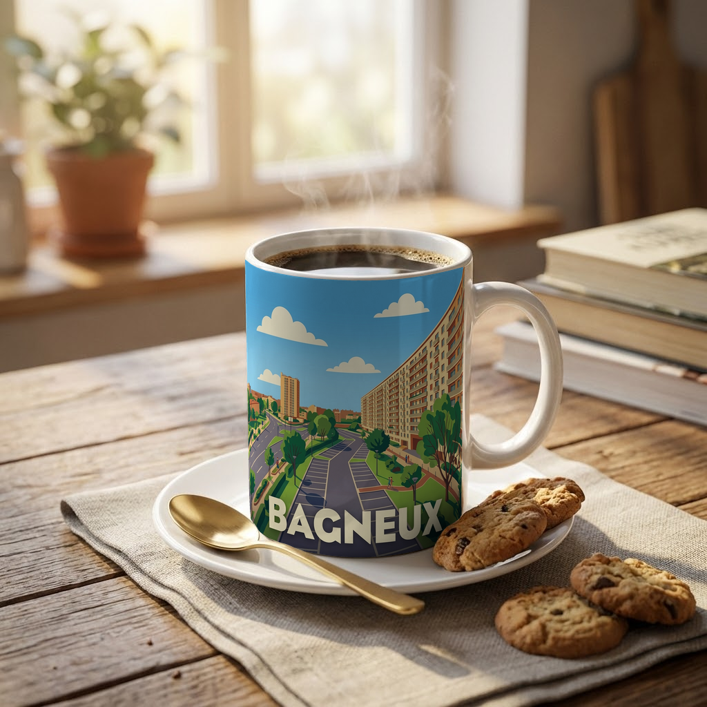 Mug souvenir de la ville de Bagneux avec une illustration urbaine stylisée.
