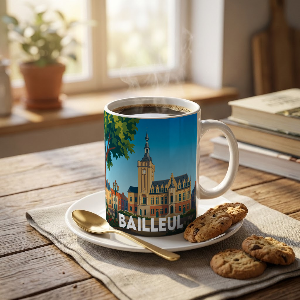 Mug souvenir de la ville de Bailleul avec une illustration stylisée de son beffroi.