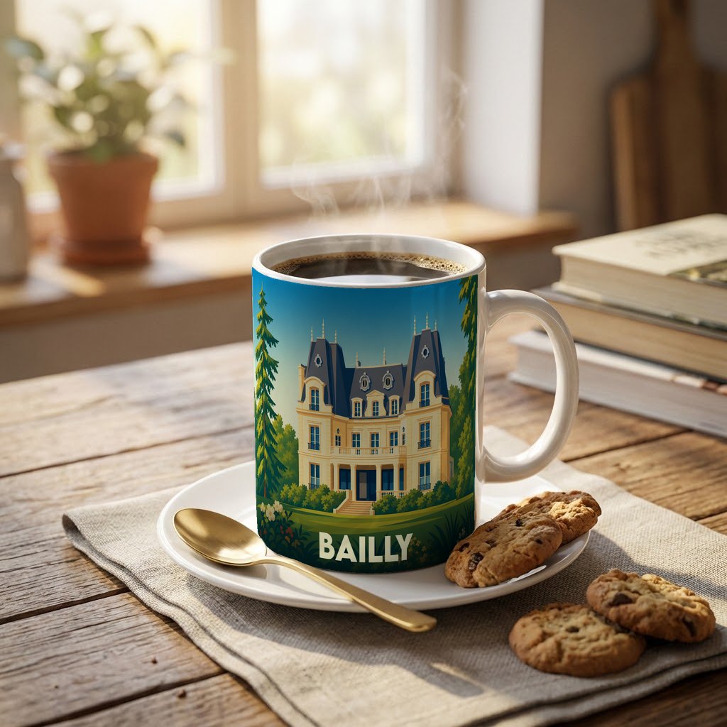 Mug souvenir de la ville de Bailly orné d'une illustration stylisée d'un château.
