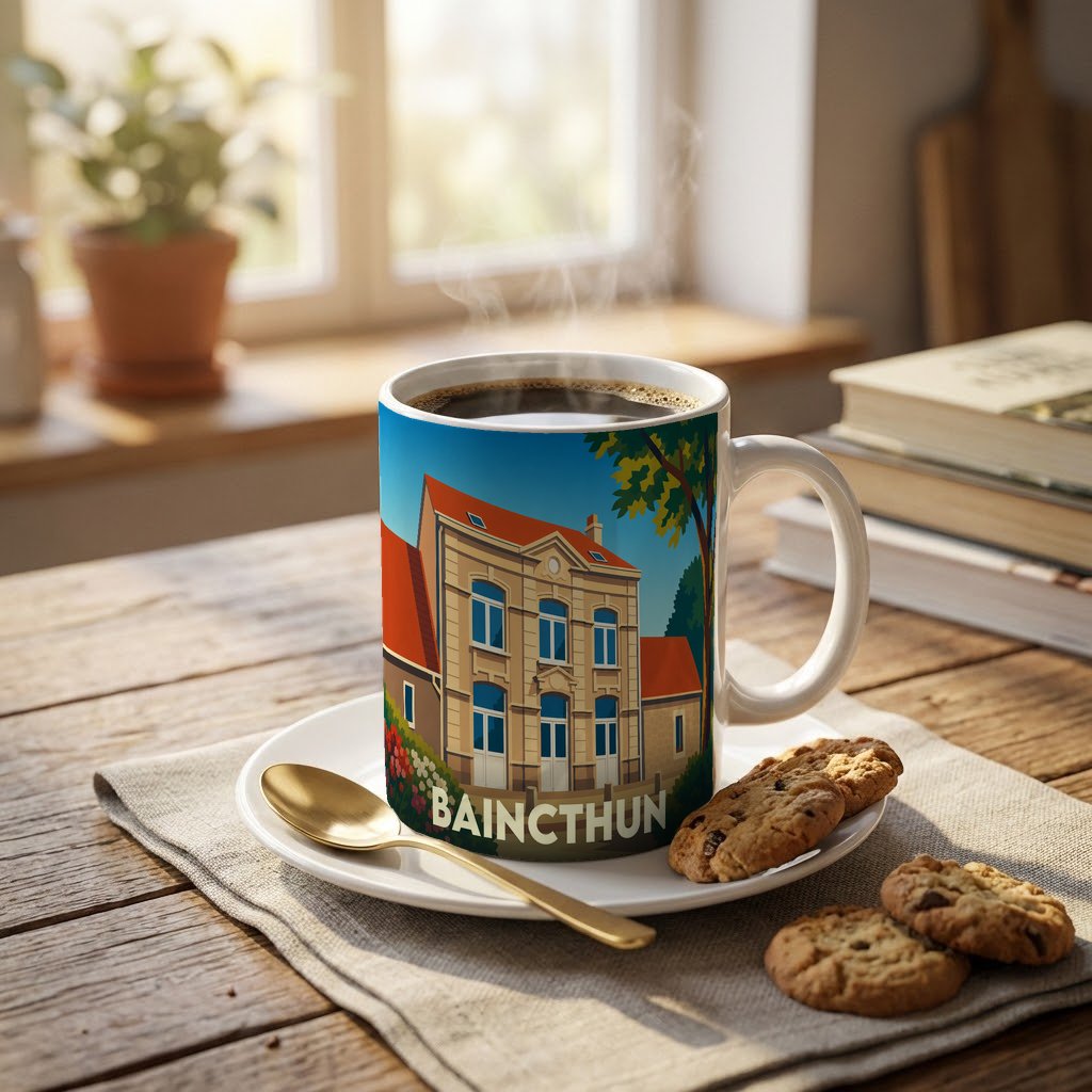 Mug souvenir de la ville de Baincthun avec une illustration stylisée d'une bâtisse traditionnelle.