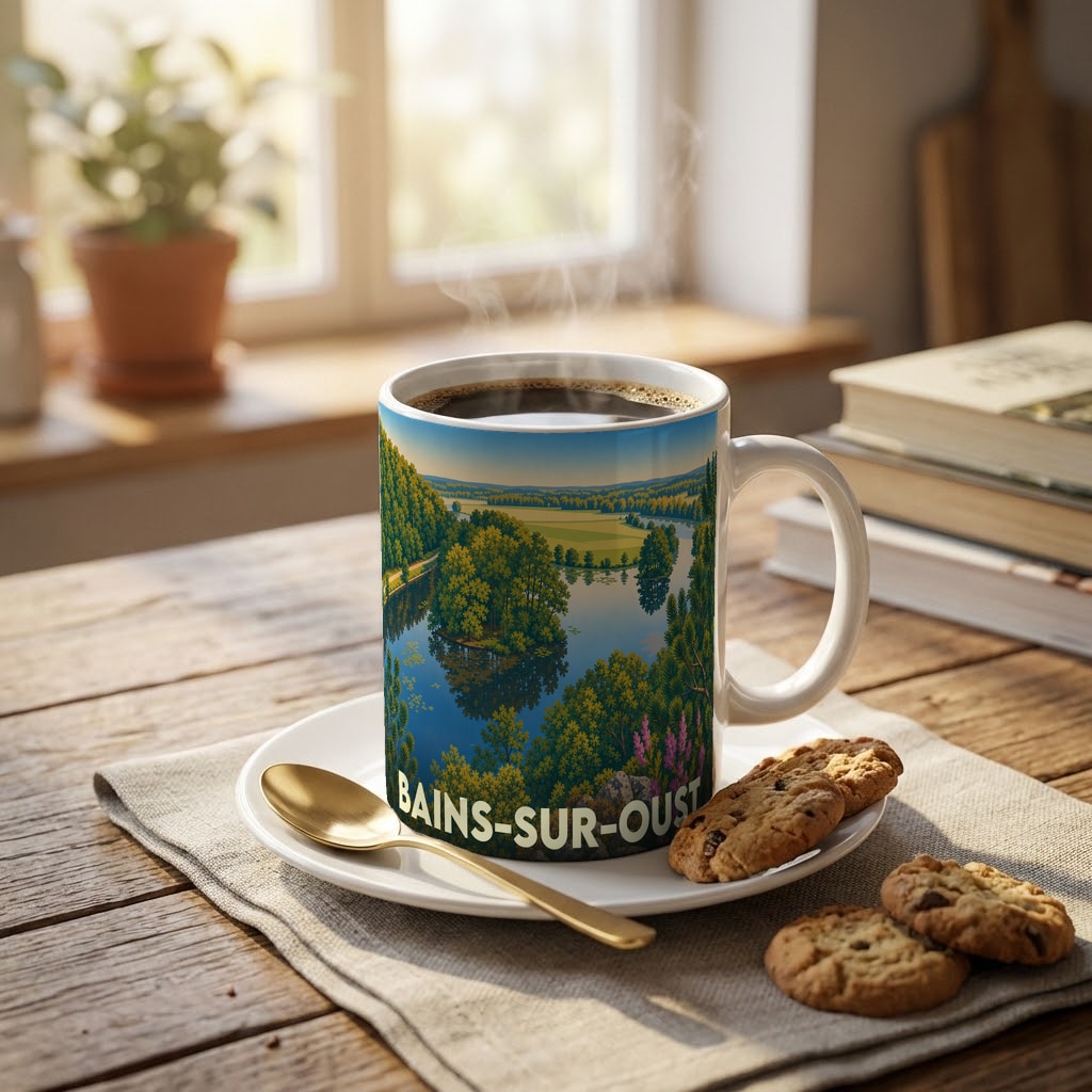 Mug souvenir de la ville de Bains-sur-Oust orné d'une illustration paysagère stylisée.