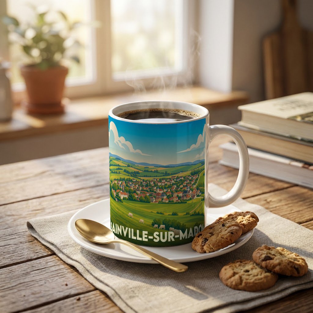 Mug souvenir de la ville de Bainville-sur-Madon avec une illustration stylisée de son paysage rural.