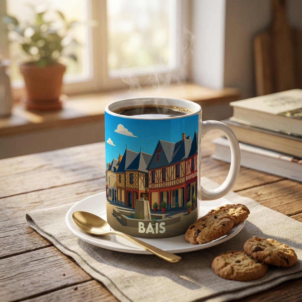 Mug souvenir de la ville de Bais avec une illustration stylisée de maisons à colombages.