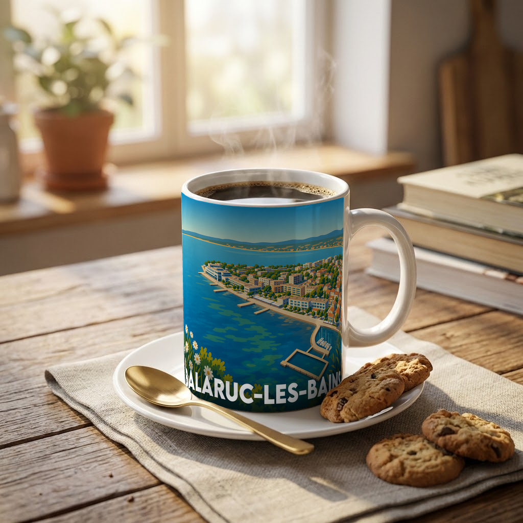 Mug souvenir de la ville de Balaruc-les-Bains orné d'une illustration panoramique et stylisée du littoral.
