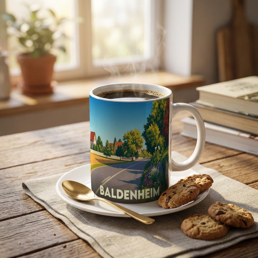 Mug souvenir de la ville de Baldenheim orné d'une illustration stylisée de paysage champêtre.