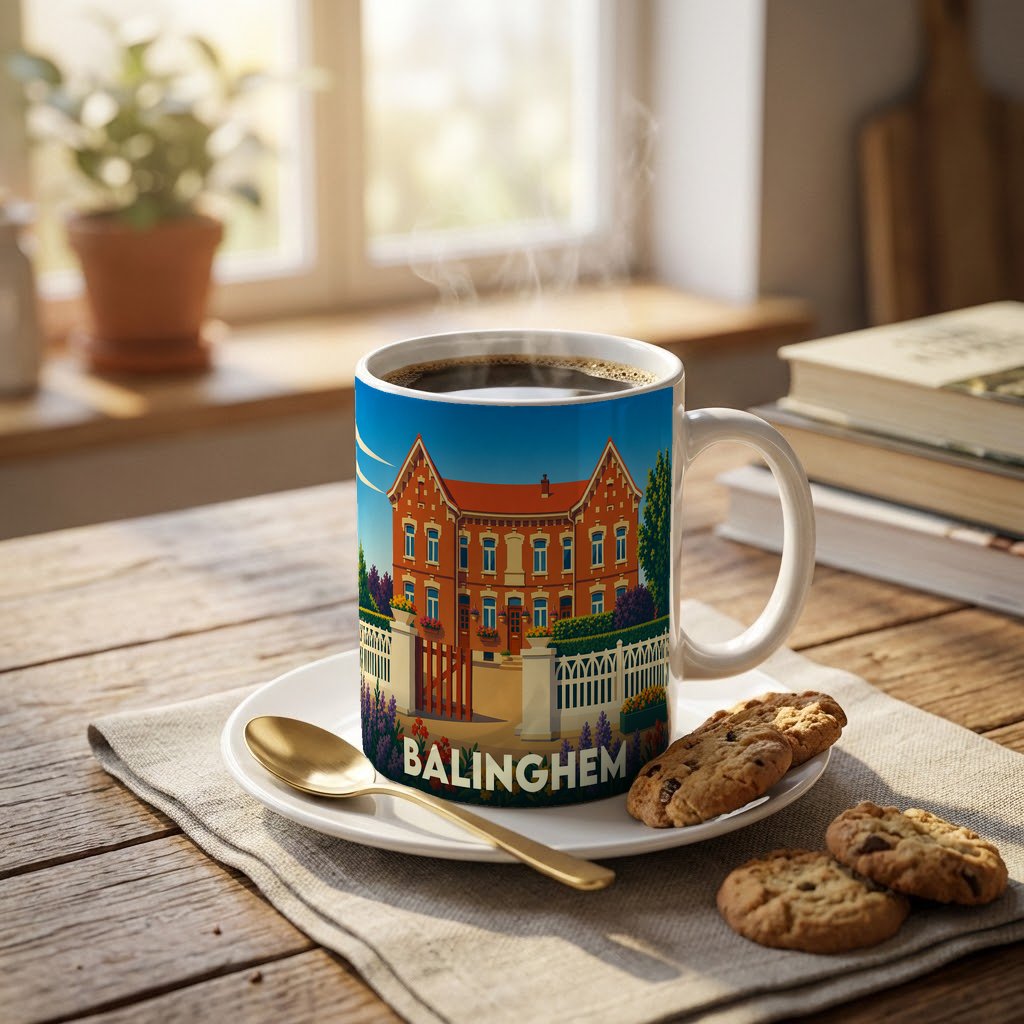 Mug souvenir de la ville de Balinghem orné d'une illustration stylisée de maison bourgeoise.