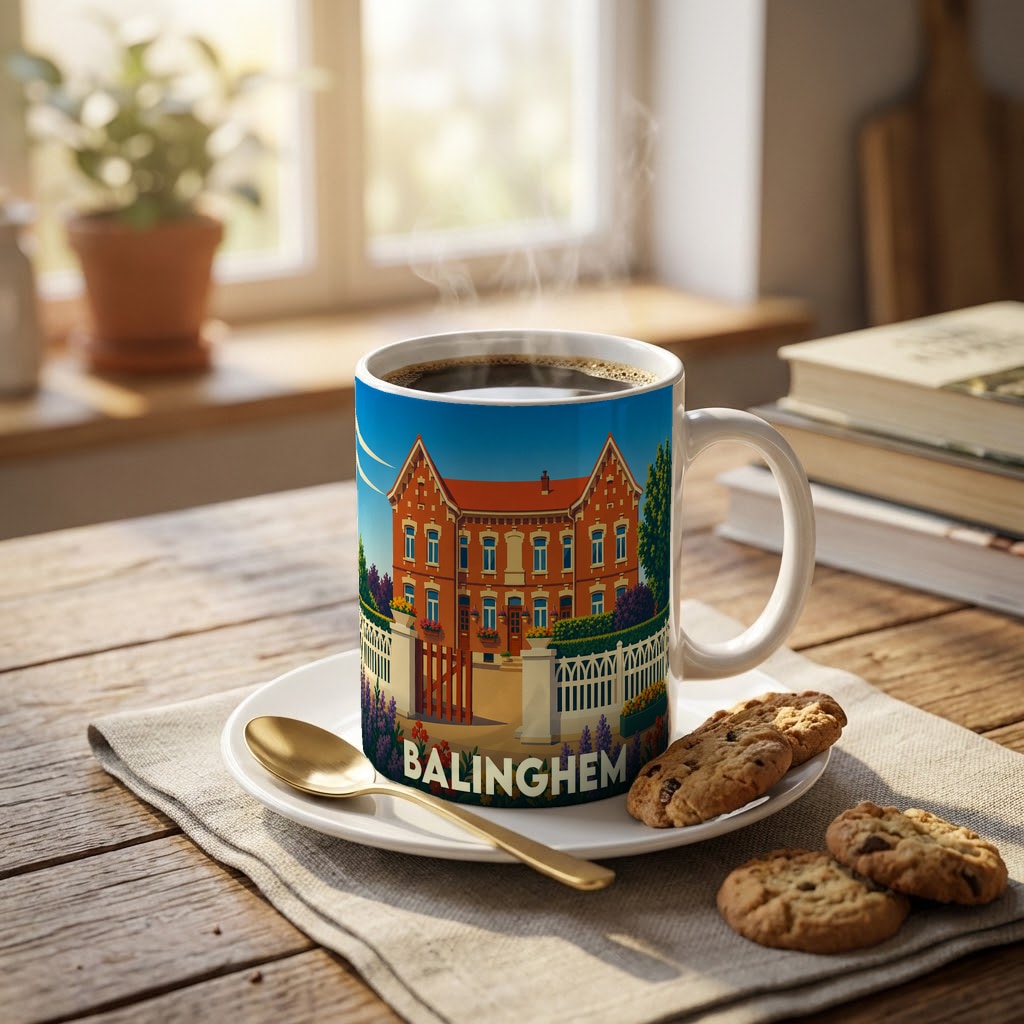 Mug souvenir de la ville de Balinghem orné d'une illustration stylisée de maison bourgeoise.