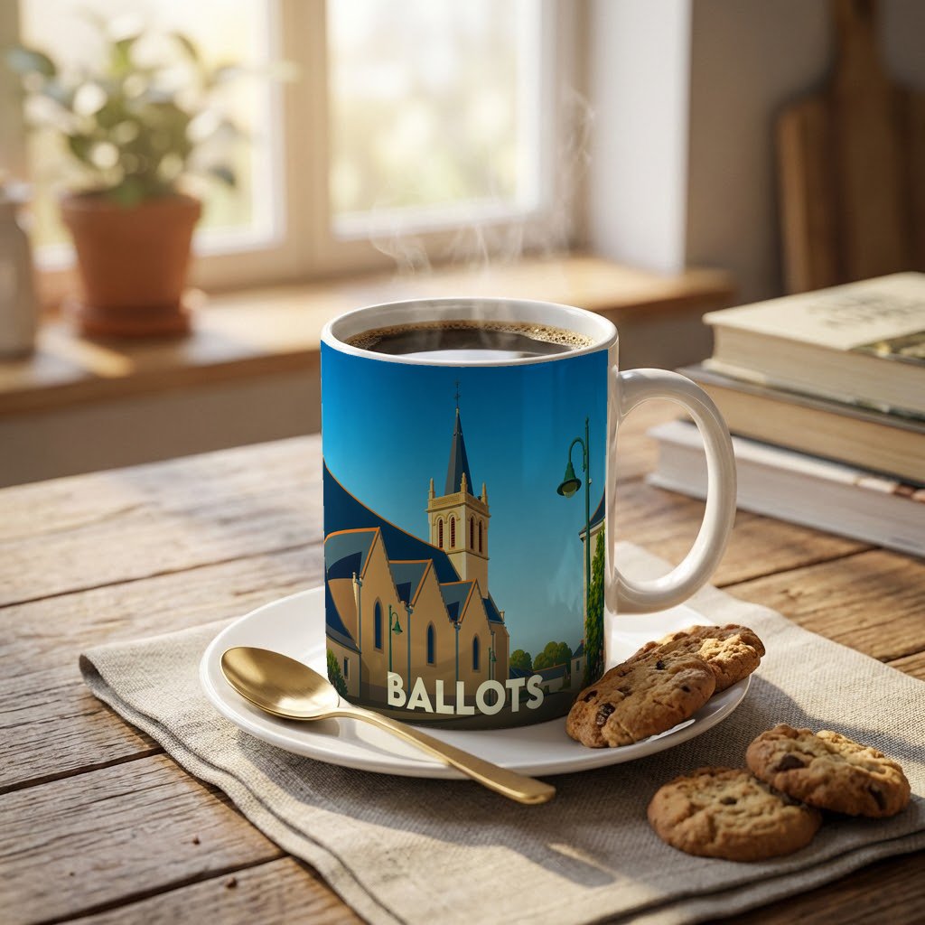 Mug souvenir de la ville de Ballots illustré d'une église stylisée sous un ciel bleu.