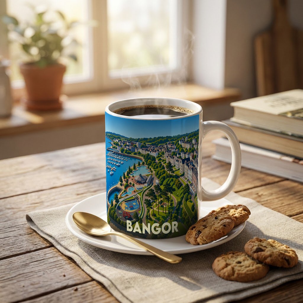 Mug souvenir de la ville de Bangor orné d'une illustration panoramique et colorée de son littoral.
