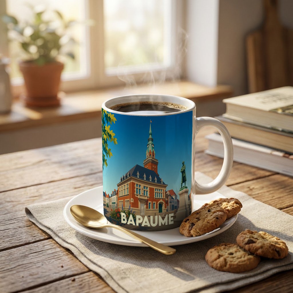 Mug souvenir de la ville de Bapaume avec une illustration stylisée de son hôtel de ville.