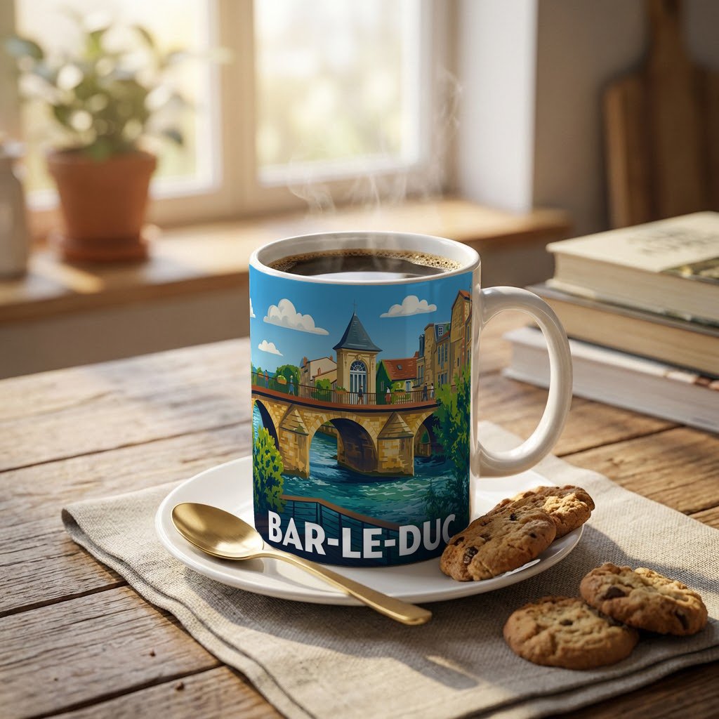 Mug souvenir de la ville de Bar-le-Duc avec une illustration stylisée.