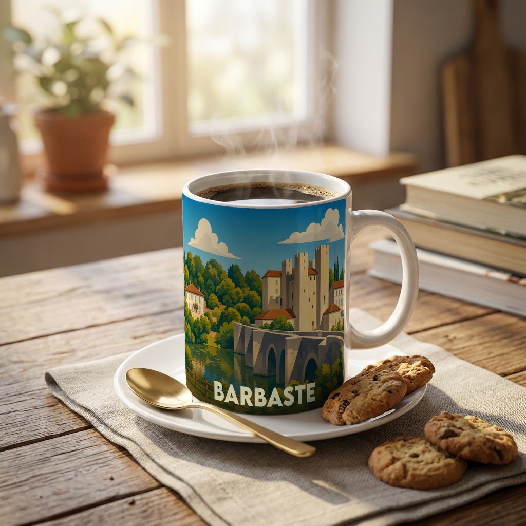 Mug souvenir de la ville de Barbaste orné d'une illustration stylisée de son pont et de son moulin fortifié.