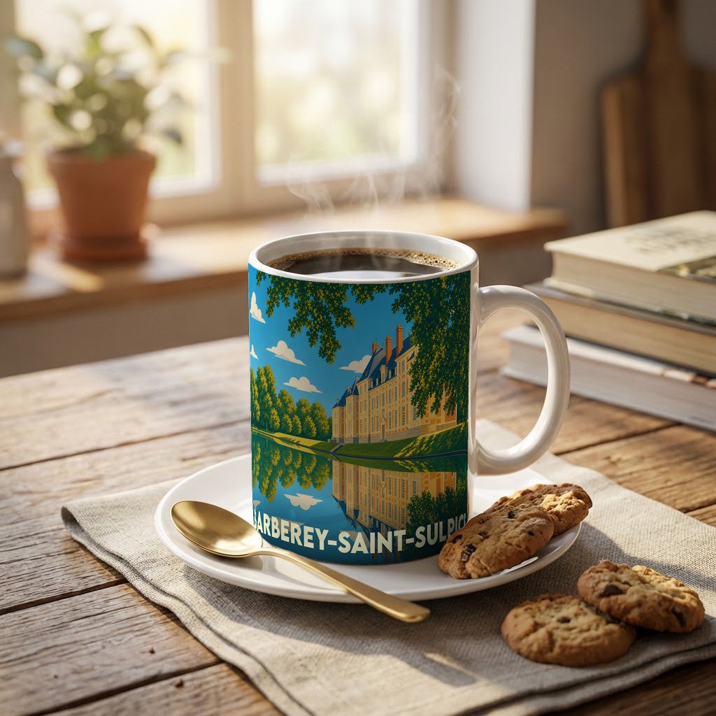 Mug souvenir de la ville de Barberey-Saint-Sulpice avec une illustration stylisée de son château.
