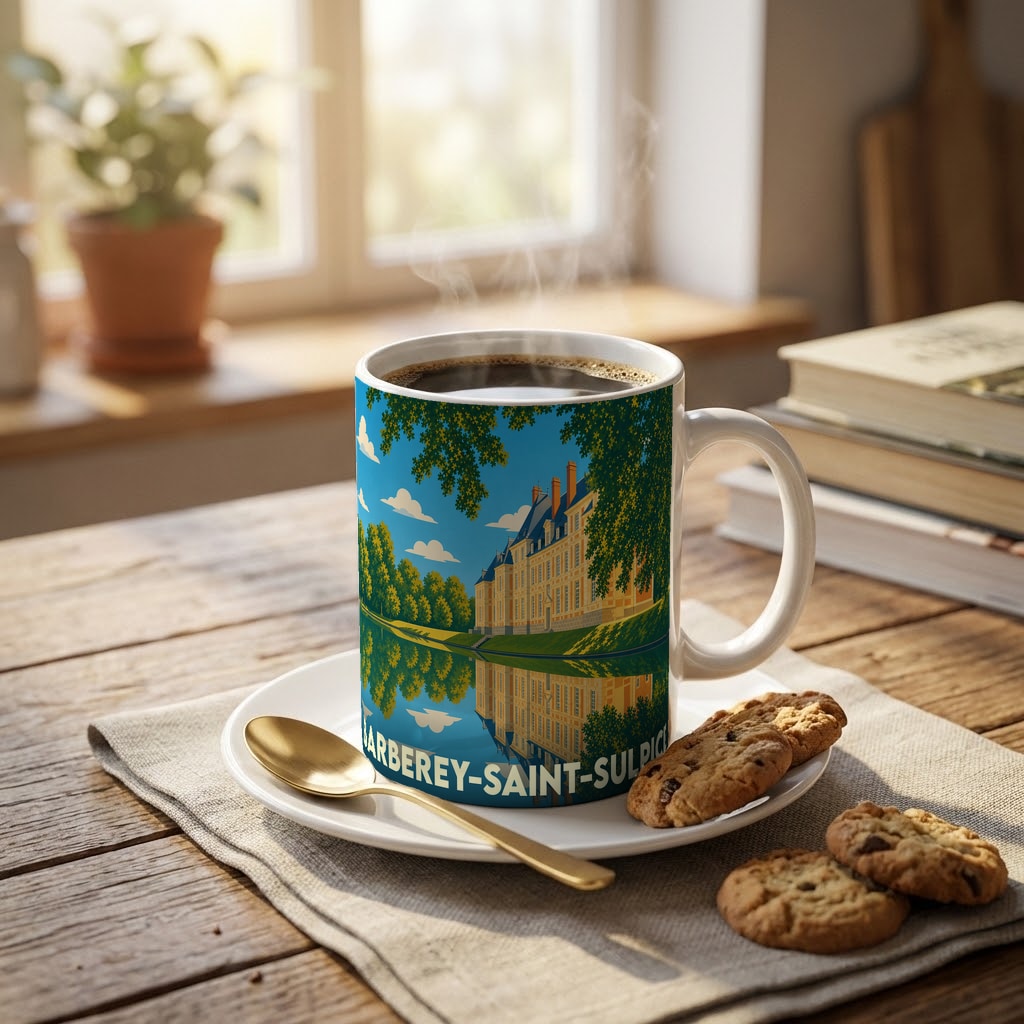 Mug souvenir de la ville de Barberey-Saint-Sulpice avec une illustration stylisée de son château.