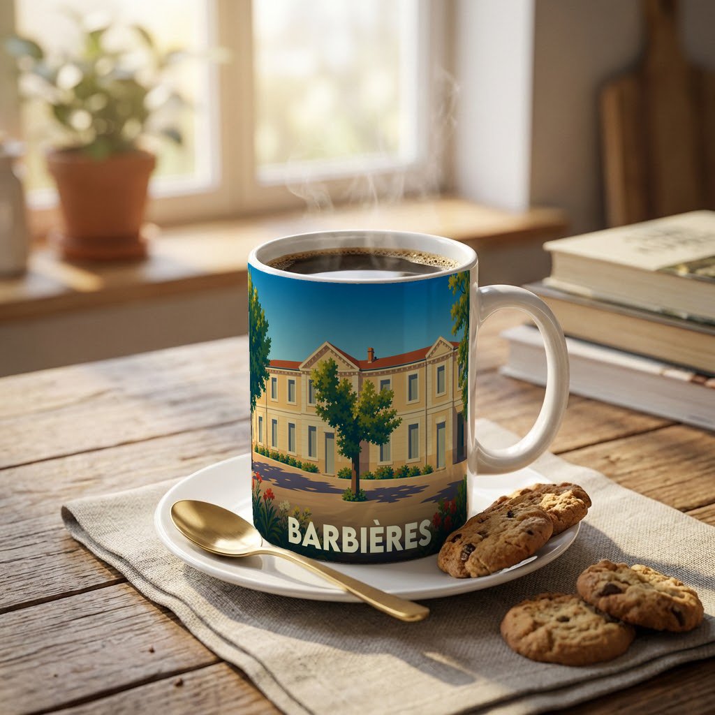 Mug souvenir de la ville de Barbières avec une illustration stylisée d'un bâtiment ensoleillé.