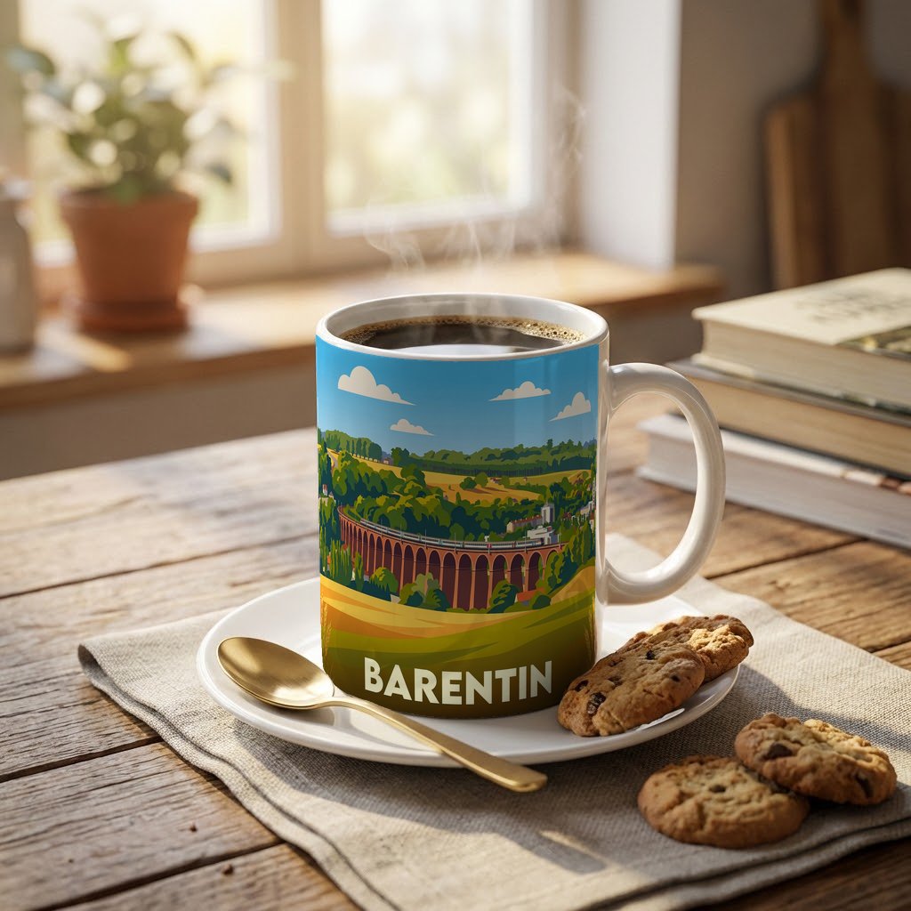Mug souvenir de la ville de Barentin avec une illustration stylisée.